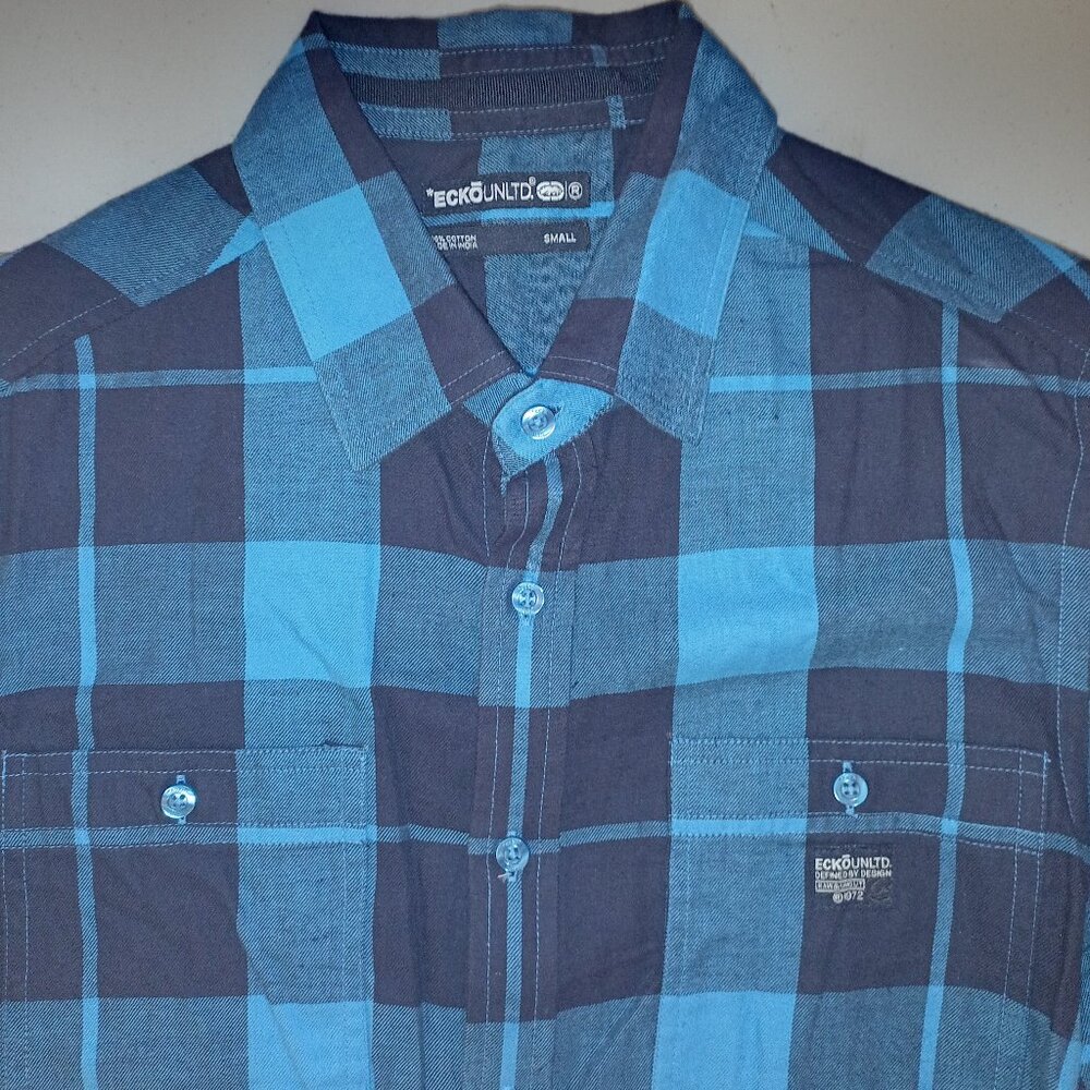 Ecko Unltd Men’s Shirt S Blue Plaid Button Up 100% Cotton Outdoor Flannel EUC